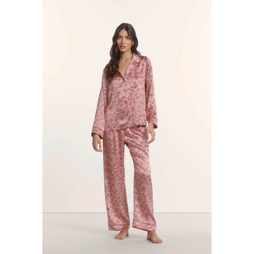 Eberjey x ILIA Inez Washable Silk Long PJ Set XL Pink Bloomscape Floral